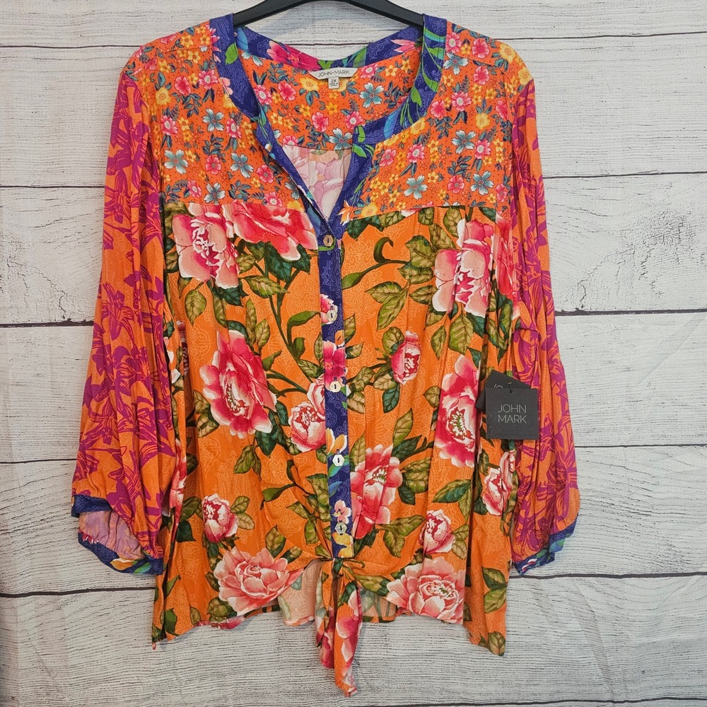 John Mark 2X Island Dreaming Floral Boho Mandarin Collar Button Shirt NWT 1222 - Picture 2 of 9